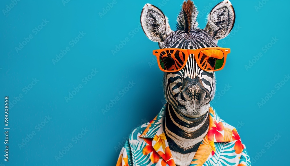 Fototapeta premium Zebra in stylish ensemble with trendy orange sunglasses and vibrant hawaiian shirt
