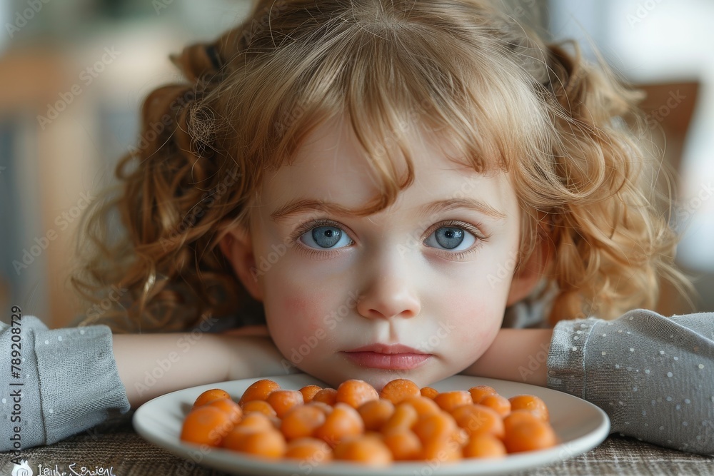 Girl with curly blond hair resting her chin on her hands staring at a bowl of carrots