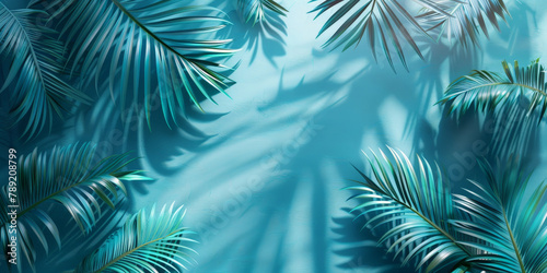Minimal abstract background for product presentation, palm leaf shadow on light blue wall, © Nice Seven