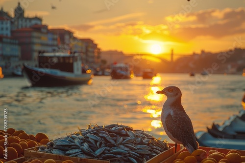 A bird stands on a fish container overlooking the river during a stunning sunset photo