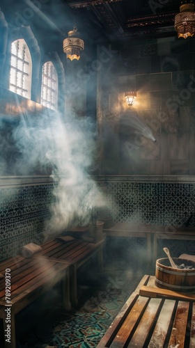 Steam bath in a room with benches and a table. Hammam background . Vertical background. 