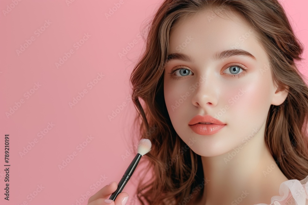Elegant woman with long curly brown hair holding makeup brush on soft background, space for text Elegant woman with long curly brown hair holding makeup brush on soft background, space for text