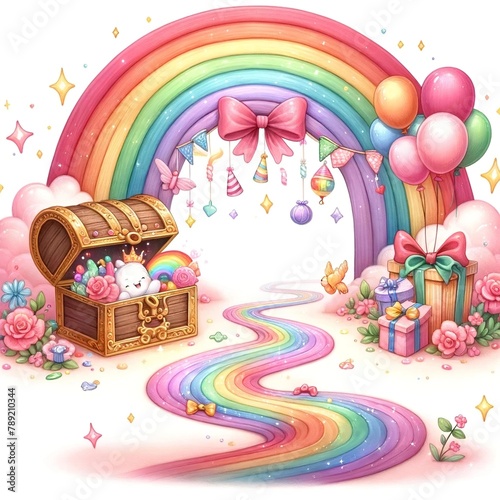 Fantasy Treasure with Rainbow and Balloons Illustration 