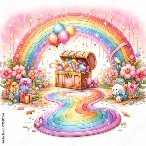 Fantasy Treasure with Rainbow and Balloons Illustration
