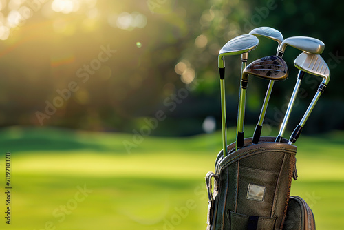 Golf clubs in modern bag on blurred green background photo