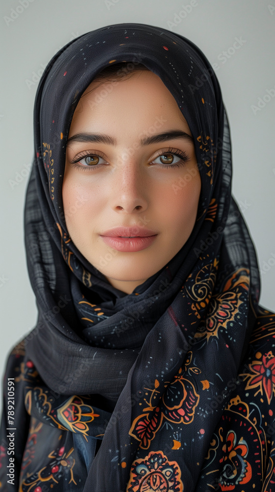 Beautiful young woman in a Hijab. Subtle pretty smile. 