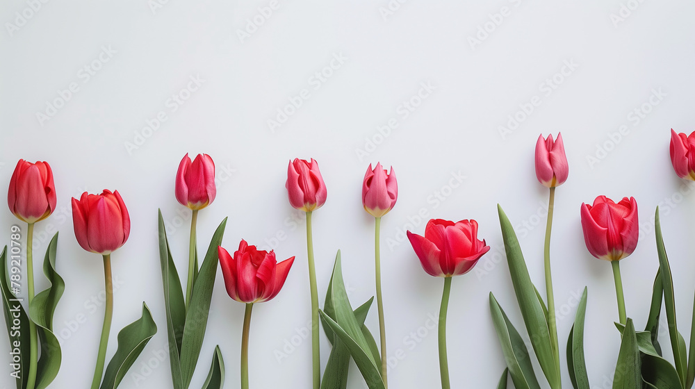 Copy-space Colorful tulips on a white background, showcasing vibrant petals in various shades, creating a visually striking floral arrangement. Copy space concept , Ai generated Copy-space Colorful tulips on a white background, showcasing vibrant petals in various shades, creating a visually striking floral arrangement. Copy space concept , Ai generated
