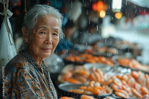 An elderly Asian woman with grey hair standing in a market with blurred fish on display in the background She looks thoughtful