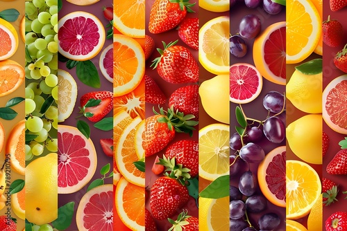 Collection of juicy fruits in vertical strips. Collection of juicy fruits with strawberries  oranges  grapes  grapefruit  lemon. .