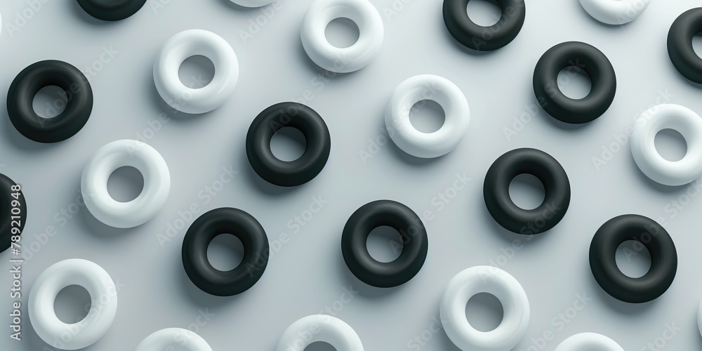 Abstract Background Design, 3D Black and White Doughnut Shapes on Grey
