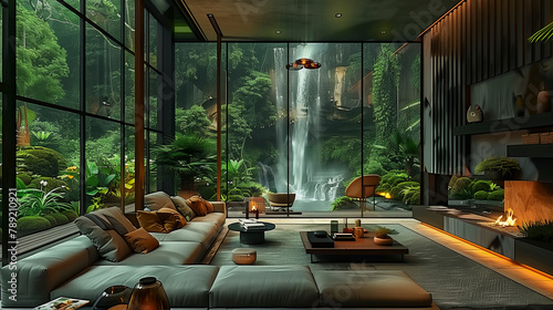 Luxury home interior with view of waterfall #789210921