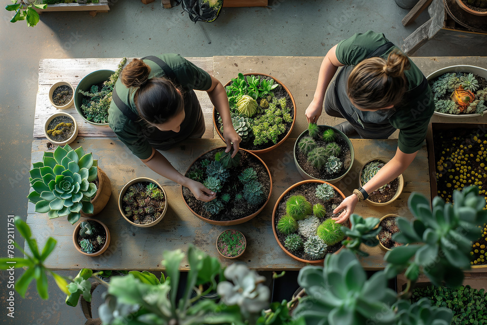 Two florists working on potted plants