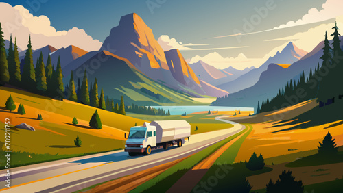 small milk tanker rides along the road to the horizon between the mountains photo