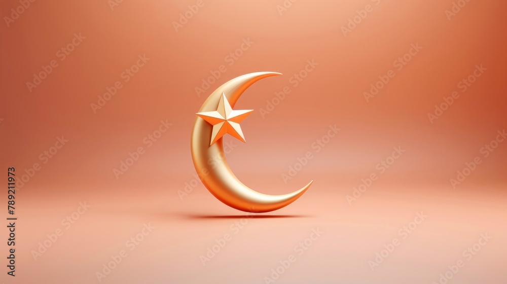 Golden Crescent Moon and Star on Peach Background Golden Crescent Moon and Star on Peach Background