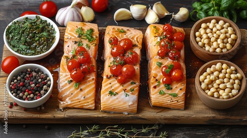 Salmon and tomato dish on wooden board with vegetables and spices photo