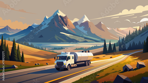 small milk tanker ride along the road to the horizon between the mountains, Ilustración, digital,ilustración,vector,colores brillantes, logística.Camión con leche en el fondo de las montañas
