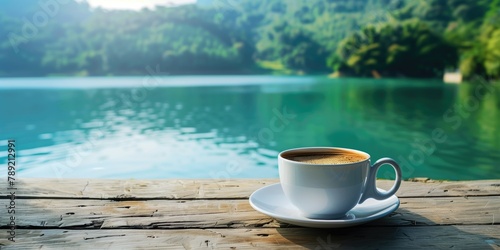 Outdoor Lifestyle Photography, Vibrant Coffee Cup by Lakeside with Clear Blue Water