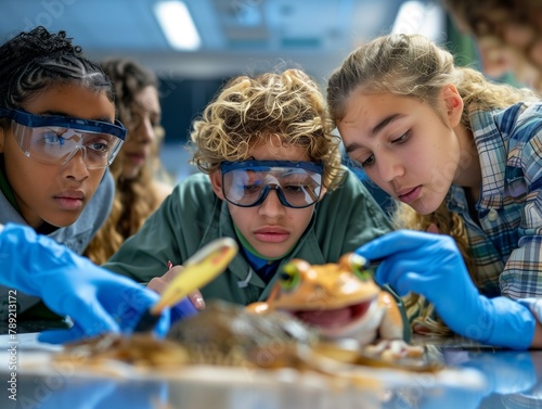 AI generated illustration of students participating in a frog dissection project in a classroom photo