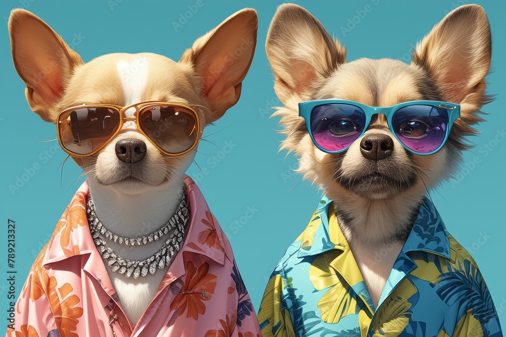 A photo of two dogs wearing colorful sunglasses and Hawaiian shirts