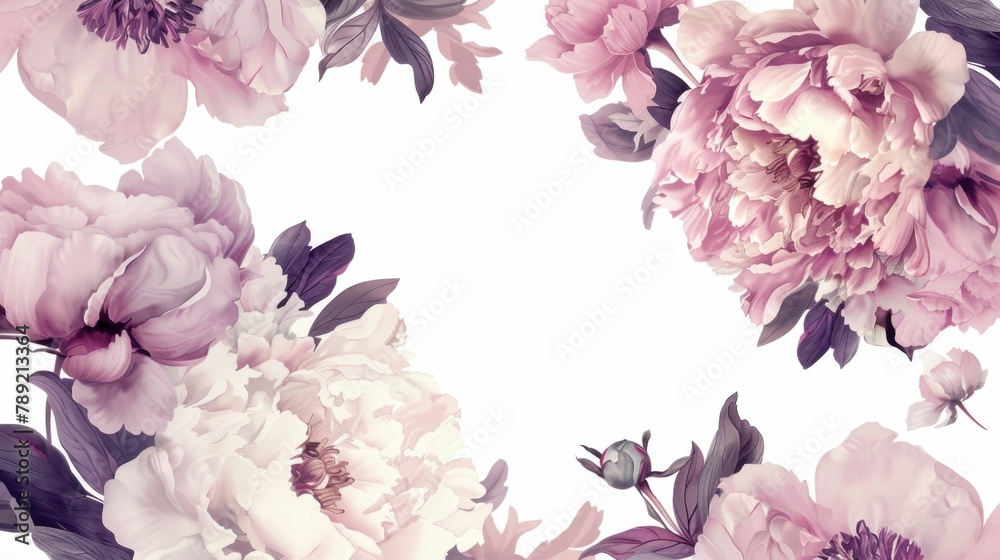 Beautiful Pink Peony Flowers on White Background with Copy Space for Text, Floral Botanical Composition for Greeting Cards and Invitations