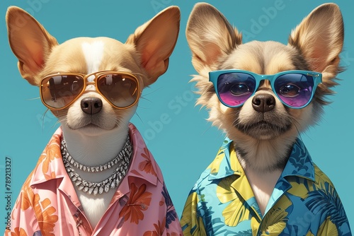 A photo of two dogs wearing colorful sunglasses and Hawaiian shirts © Photo And Art Panda