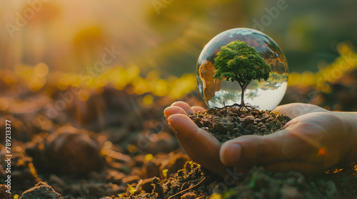 A hand holding a tree inside a clear bubble. The concept of protection and care for the tree, as if it is being held and nurtured
