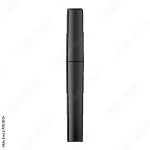 Mascara tube and a wand applicator. Cosmetic black bottle with eyelash brush. Isolated on white background. Realistic vector for web design, banners, posters, ad, advertising.
