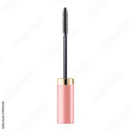 Mascara tube and a wand applicator. Cosmetic black bottle with eyelash brush. Isolated on white background. Realistic vector for web design, banners, posters, ad, advertising.