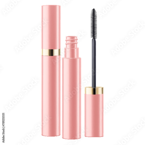 Mascara tube and a wand applicator. Cosmetic black bottle with eyelash brush. Isolated on white background. Realistic vector for web design, banners, posters, ad, advertising.