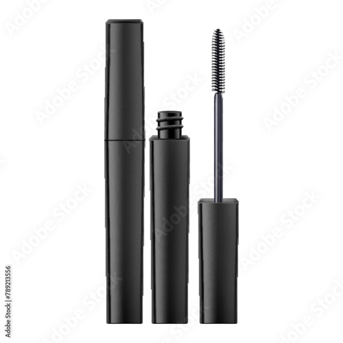 Mascara tube and a wand applicator. Cosmetic black bottle with eyelash brush. Isolated on white background. Realistic vector for web design, banners, posters, ad, advertising.