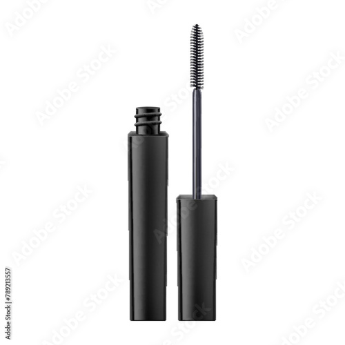 Mascara tube and a wand applicator. Cosmetic black bottle with eyelash brush. Isolated on white background. Realistic vector for web design, banners, posters, ad, advertising.