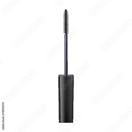 Mascara tube and a wand applicator. Cosmetic black bottle with eyelash brush. Isolated on white background. Realistic vector for web design, banners, posters, ad, advertising.