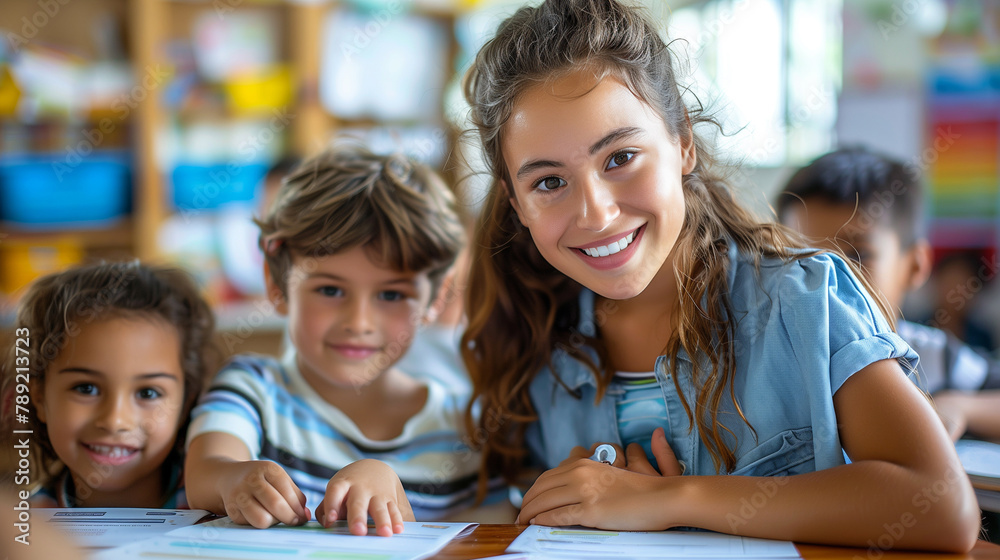 A kind female teacher spends time with her elementary school students, making learning enjoyable and fun while sparking curiosity and fostering a love for education.