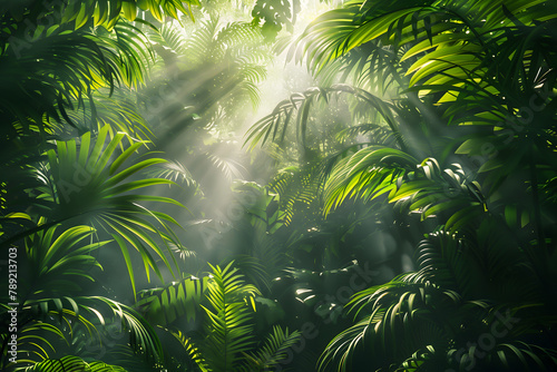 Lush green jungle scene, lit up by sunlight during the day