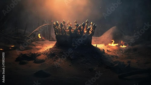 Crown burning on the ground. War and defeat. Epic fantasy and dramatic loop video animation.