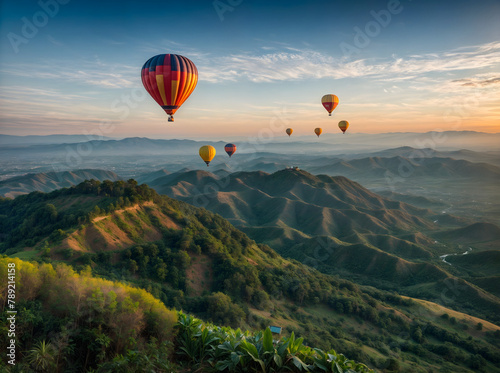 In the image, there are nine hot air balloons flying over a mountain range during sunset. The balloons are in varying shades of red, yellow, and orange, and some are closer to the mountains .