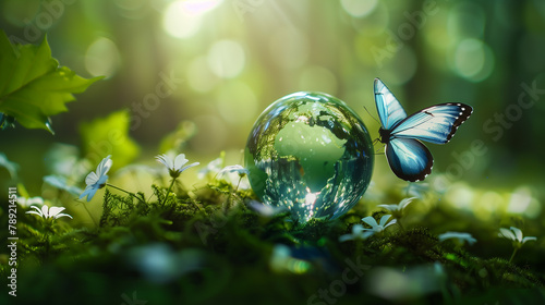 A blue butterfly sits on top of a globe. The globe is surrounded by green grass and flowers. Concept of harmony and balance between nature and the environment