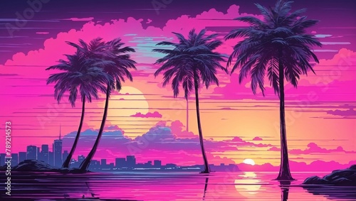 A pink and blue retro landscape of palm trees and a city skyline at sunset with a pink sea.