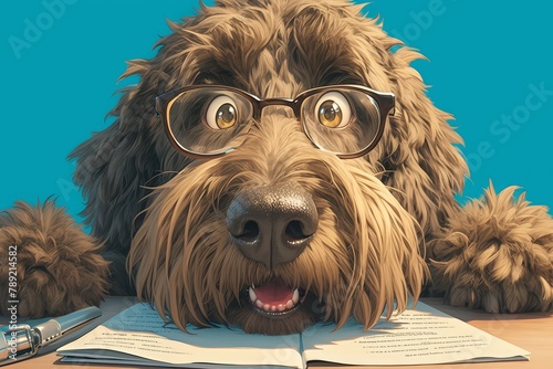 A shaggy brown dog with glasses sitting at an office desk, with a surprised expression on his face, mouth open and eyes wide in amazement as he looks down to the blank sheet of paper before him
