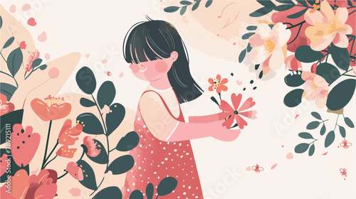 Girl kid in flower greeting card design for Mothers