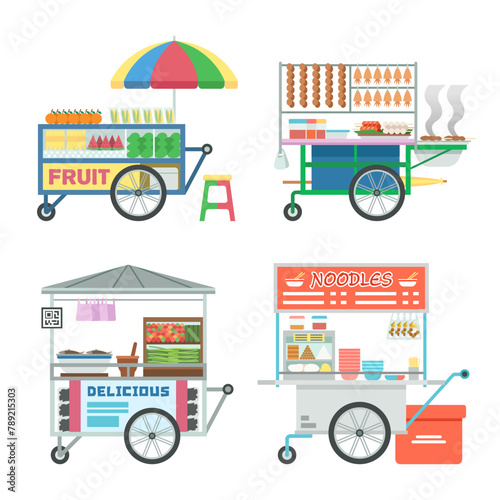 Flat style colorful Thailand street food vendor vector set images
