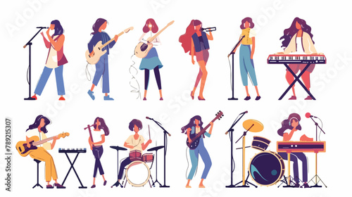 Girls music band with musicians play synthesizer drum