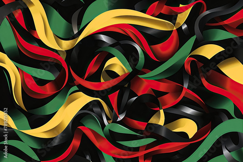 Dynamic abstract ribbon design in black, red, green, and yellow, intertwining to represent African-American unity and pride for a Juneteenth poster
