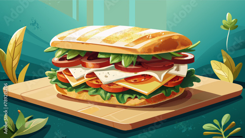Focaccia sandwich with Turkey side,bacon,parmesan and cheddar cheese,pasta mayonnaise,tomato,spring mixed,grill,Illustration.digital.The illustration is vector.bright colors.edit.Delicious focaccia