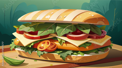 Focaccia sandwich with Turkey side,bacon,parmesan and cheddar cheese,pasta mayonnaise,tomato,spring mixed,grill,Illustration.digital.The illustration is vector.bright colors.edit.Delicious focaccia