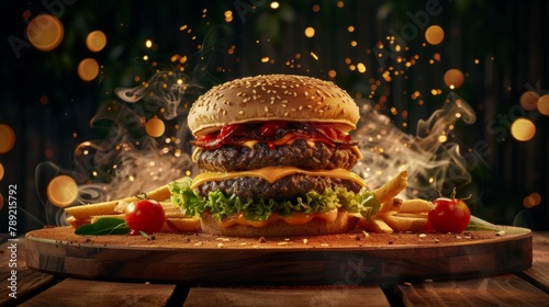Craft beef burger and french fries on wooden table on black background