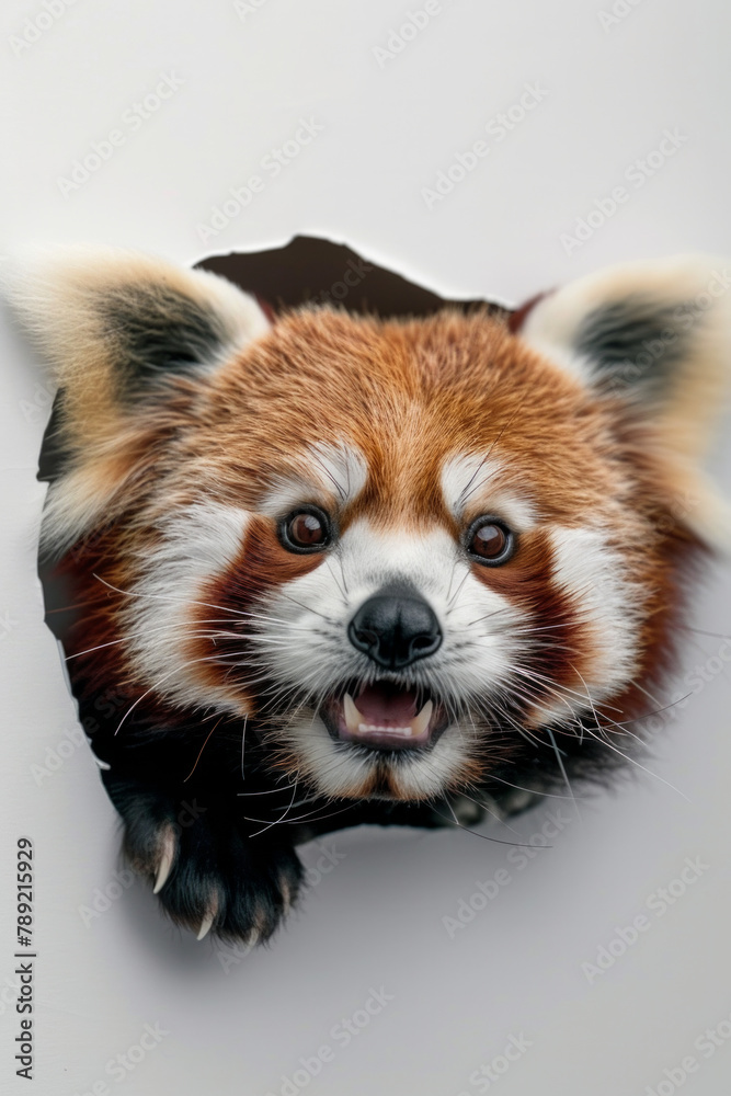 Obraz premium A cute red panda sticking its head out of a hole
