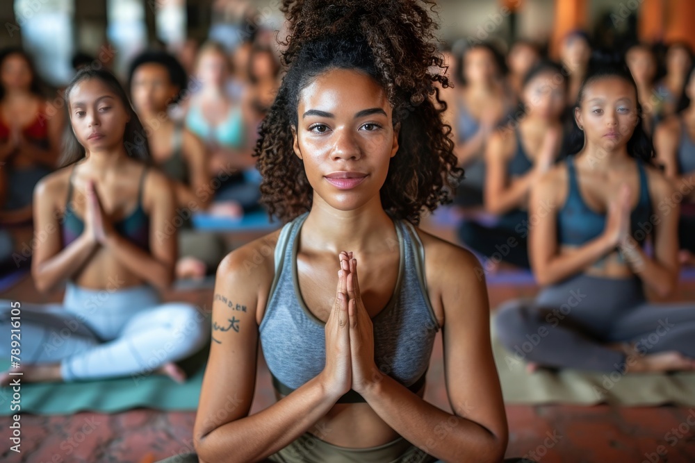 Dynamic yoga session with a small group of youthful participants in a gym environment