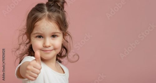 Little girl showing thumbs up on a pink background.