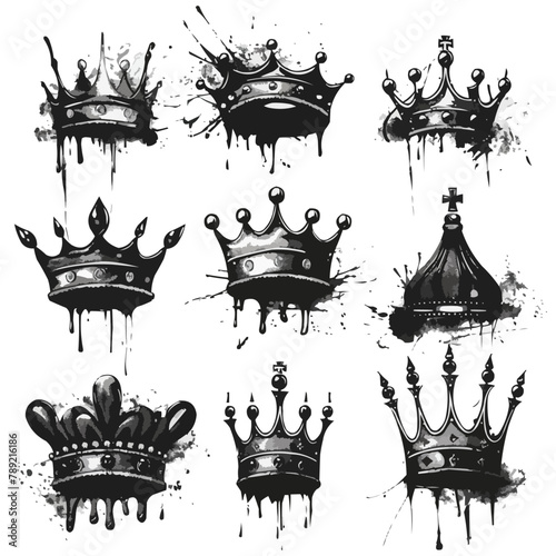 Set of graffiti spray painted crowns. Black brush paint king crown isolated on white background. Hand drawn street art vector illustration. Grunge airbrush drawing, inky elements with splashes